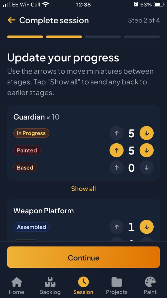 Hobby Streak session screen for updating miniature workflow progress